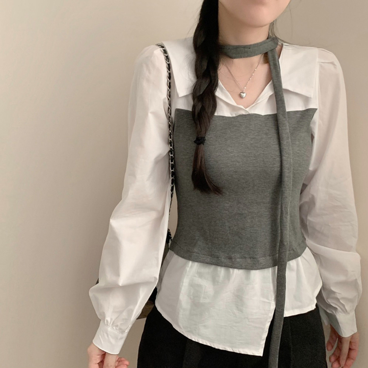 오픈 카라넥 탑 레이어드 뷔스티에 긴팔 셔츠 블라우스 트임 어꺠퍼프 셔링 브이넥 카라 블라우스 봄 봄옷 하객룩 그레이