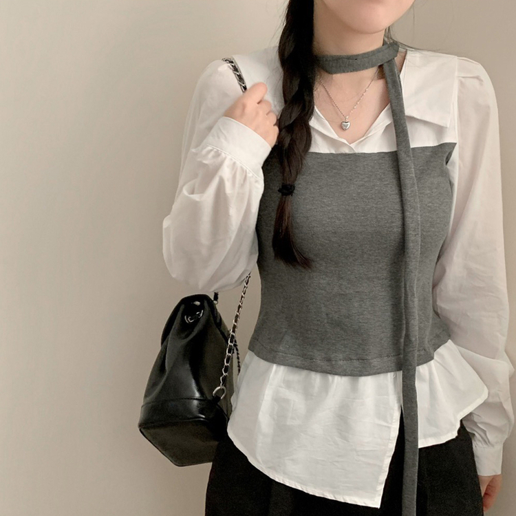오픈 카라넥 탑 레이어드 뷔스티에 긴팔 셔츠 블라우스 트임 어꺠퍼프 셔링 브이넥 카라 블라우스 봄 봄옷 하객룩 그레이