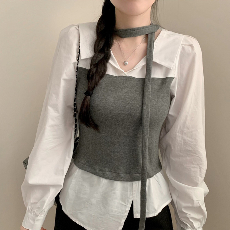 오픈 카라넥 탑 레이어드 뷔스티에 긴팔 셔츠 블라우스 트임 어꺠퍼프 셔링 브이넥 카라 블라우스 봄 봄옷 하객룩 그레이