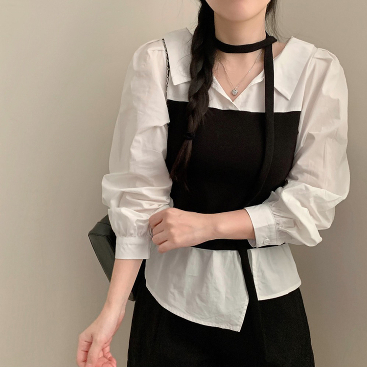 오픈 카라넥 탑 레이어드 뷔스티에 긴팔 셔츠 블라우스 트임 어꺠퍼프 셔링 브이넥 카라 블라우스 봄 봄옷 하객룩 블랙