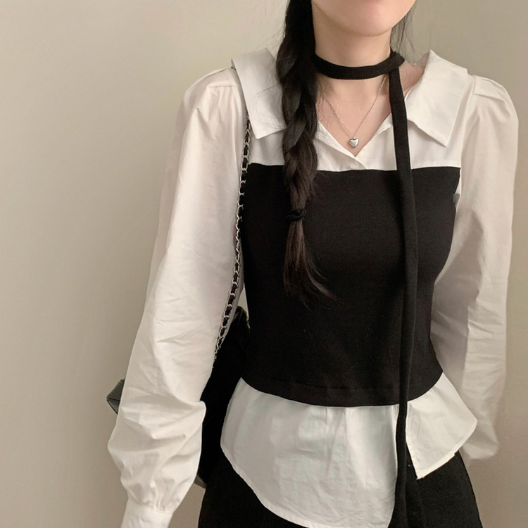 오픈 카라넥 탑 레이어드 뷔스티에 긴팔 셔츠 블라우스 트임 어꺠퍼프 셔링 브이넥 카라 블라우스 봄 봄옷 하객룩 블랙