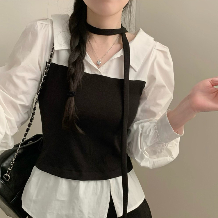 오픈 카라넥 탑 레이어드 뷔스티에 긴팔 셔츠 블라우스 트임 어꺠퍼프 셔링 브이넥 카라 블라우스 봄 봄옷 하객룩 블랙