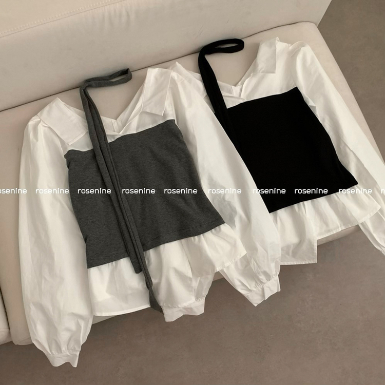 오픈 카라넥 탑 레이어드 뷔스티에 긴팔 셔츠 블라우스 트임 어꺠퍼프 셔링 브이넥 카라 블라우스 봄 봄옷 하객룩