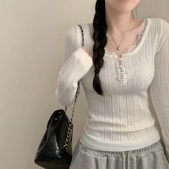 진주 콩단추 레이스 긴팔 니트티 긴팔티 니트 걸코어 레이어드 롱 슬림핏 화이트