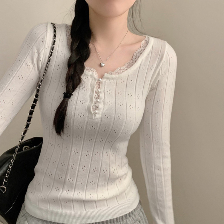 진주 콩단추 레이스 긴팔 니트티 긴팔티 니트 걸코어 레이어드 롱 슬림핏 화이트