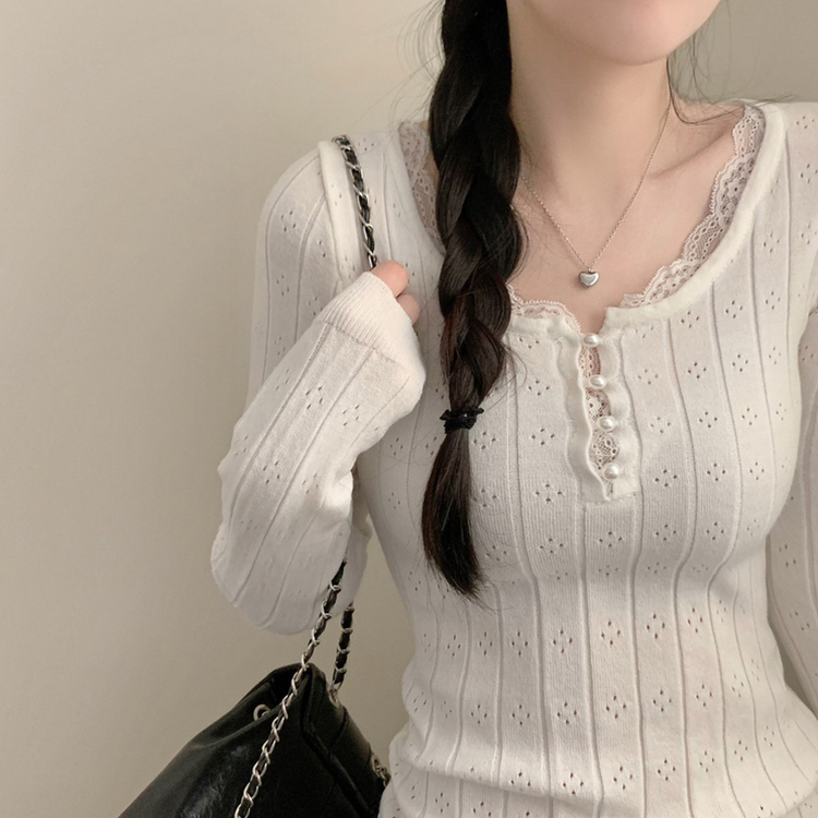 진주 콩단추 레이스 긴팔 니트티 긴팔티 니트 걸코어 레이어드 롱 슬림핏 화이트