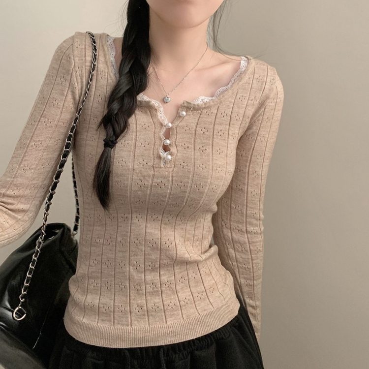 진주 콩단추 레이스 긴팔 니트티 긴팔티 니트 걸코어 레이어드 롱 슬림핏 베이지