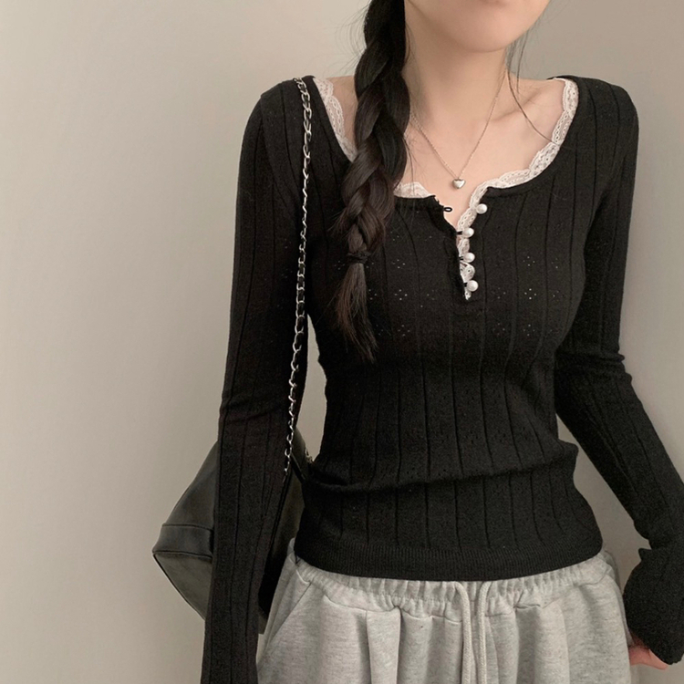 진주 콩단추 레이스 긴팔 니트티 긴팔티 니트 걸코어 레이어드 롱 슬림핏 블랙