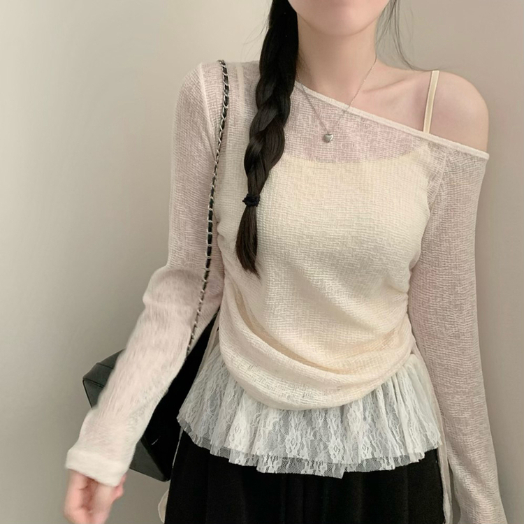 원숄더 레이어드 레이스 프릴 끈나시 티셔츠 나시 긴팔티 티셔츠 봄 봄옷 시스루 y2k 원오프 오프숄더 아이보리