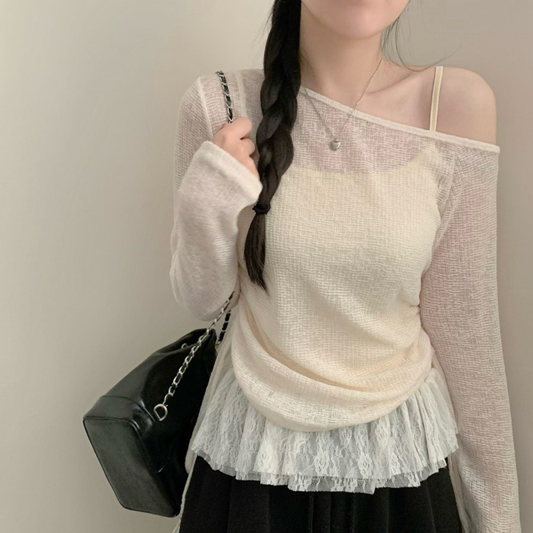 원숄더 레이어드 레이스 프릴 끈나시 티셔츠 나시 긴팔티 티셔츠 봄 봄옷 시스루 y2k 원오프 오프숄더 아이보리