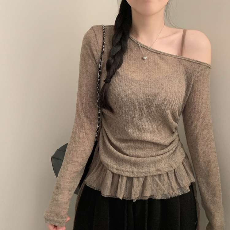 원숄더 레이어드 레이스 프릴 끈나시 티셔츠 나시 긴팔티 티셔츠 봄 봄옷 시스루 y2k 원오프 오프숄더 브라운