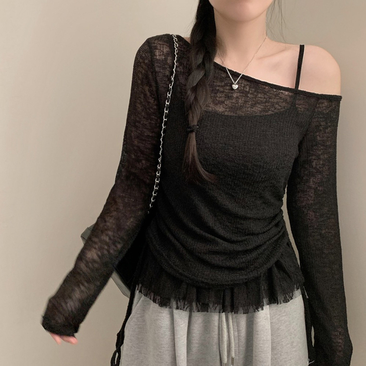 원숄더 레이어드 레이스 프릴 끈나시 티셔츠 나시 긴팔티 티셔츠 봄 봄옷 시스루 y2k 원오프 오프숄더 블랙