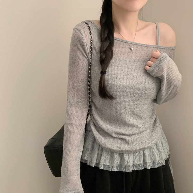 원숄더 레이어드 레이스 프릴 끈나시 티셔츠 나시 긴팔티 티셔츠 봄 봄옷 시스루 y2k 원오프 오프숄더 그레이