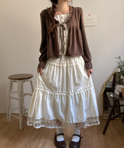 달리아 밑단 플라워 레이스 롱 캉캉 스커트 크림