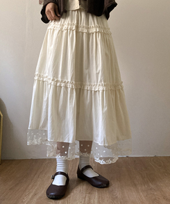 달리아 밑단 플라워 레이스 롱 캉캉 스커트 크림