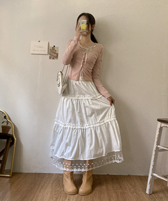 달리아 밑단 플라워 레이스 롱 캉캉 스커트 화이트