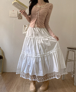 달리아 밑단 플라워 레이스 롱 캉캉 스커트 화이트