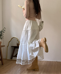 달리아 밑단 플라워 레이스 롱 캉캉 스커트 화이트