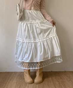 달리아 밑단 플라워 레이스 롱 캉캉 스커트 화이트