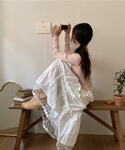 달리아 밑단 플라워 레이스 롱 캉캉 스커트 화이트