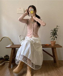 달리아 밑단 플라워 레이스 롱 캉캉 스커트 화이트