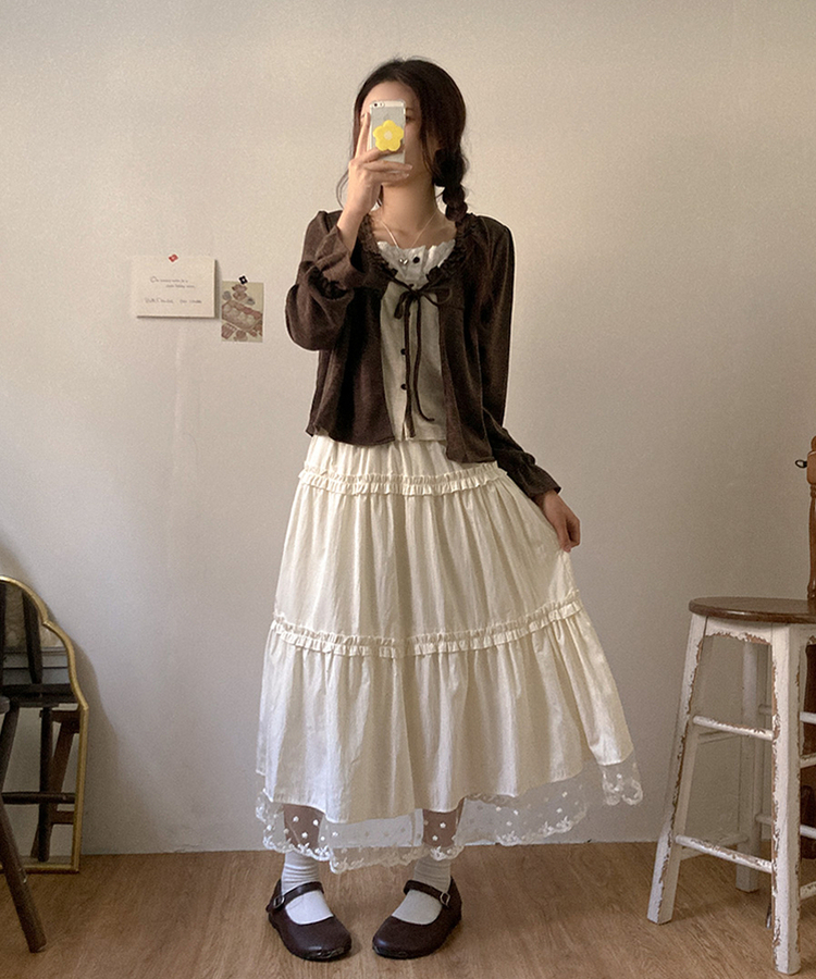 달리아 밑단 플라워 레이스 롱 캉캉 스커트 크림