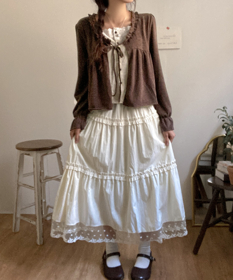 달리아 밑단 플라워 레이스 롱 캉캉 스커트 크림