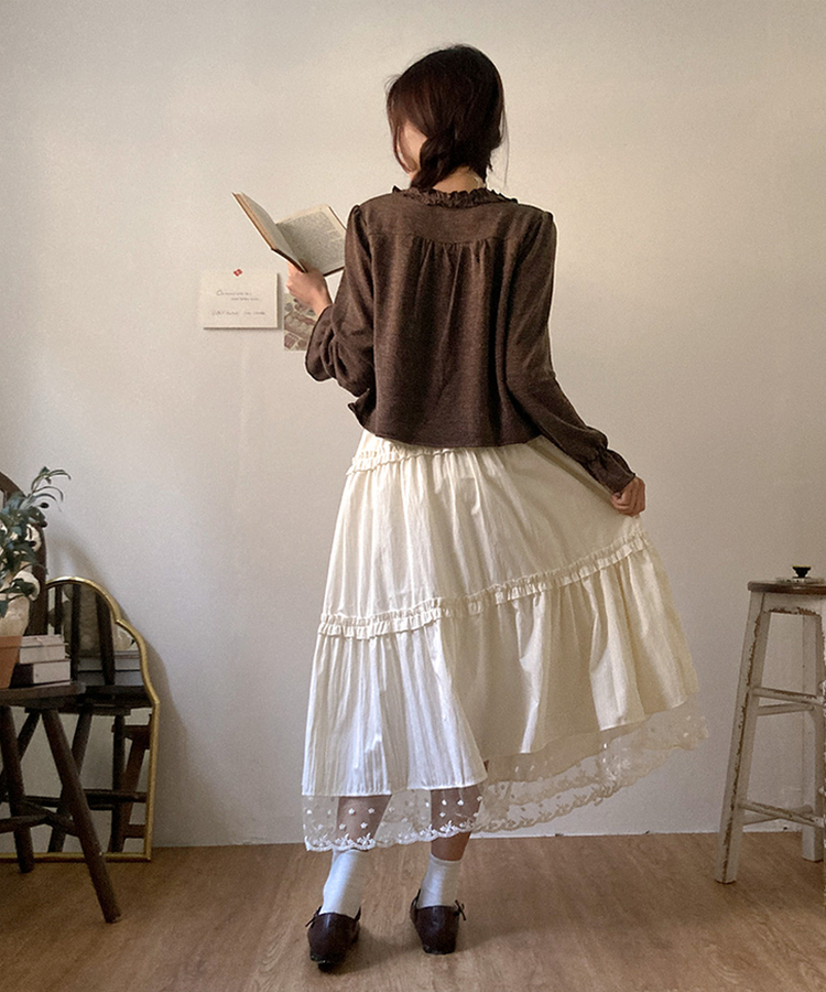 달리아 밑단 플라워 레이스 롱 캉캉 스커트 크림