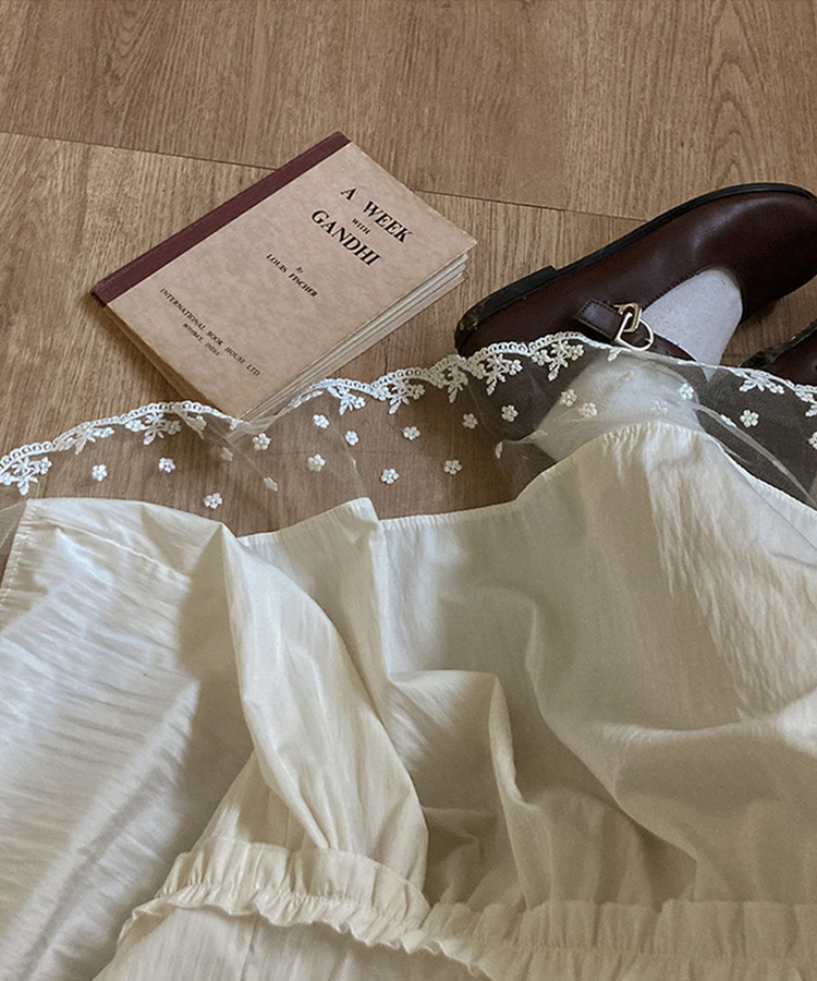 달리아 밑단 플라워 레이스 롱 캉캉 스커트 크림