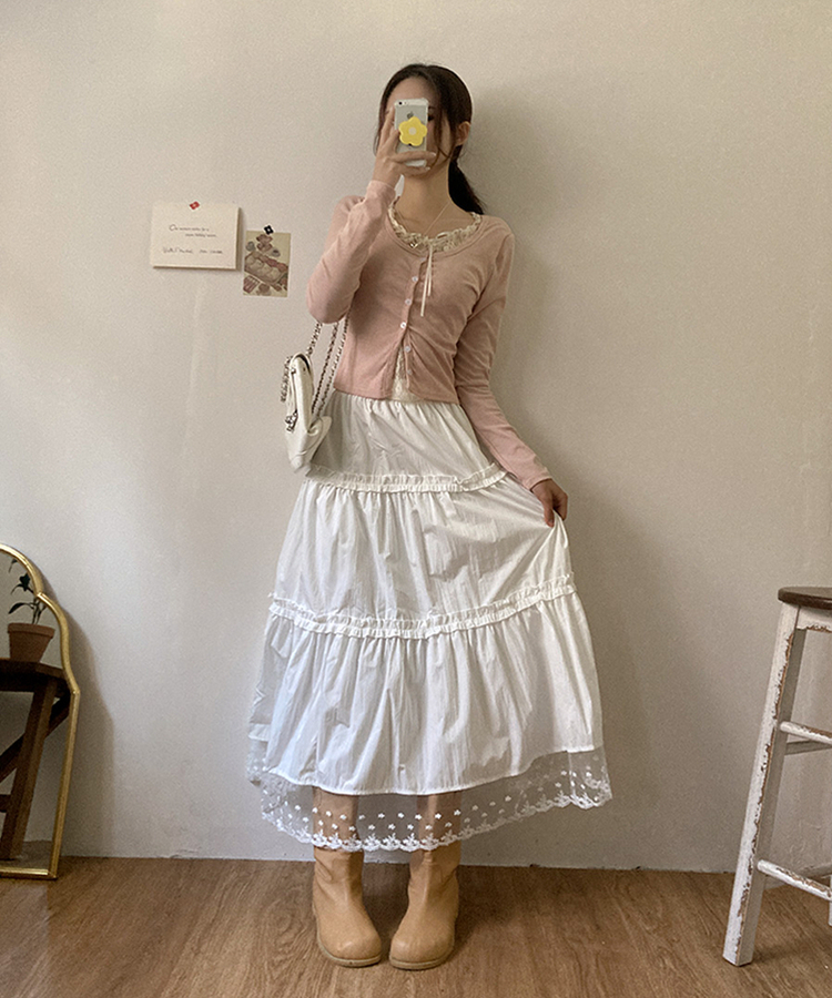 달리아 밑단 플라워 레이스 롱 캉캉 스커트 화이트