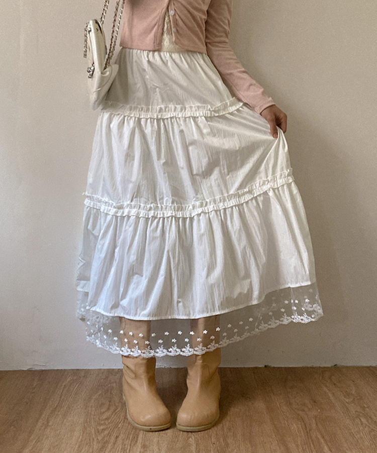 달리아 밑단 플라워 레이스 롱 캉캉 스커트 화이트