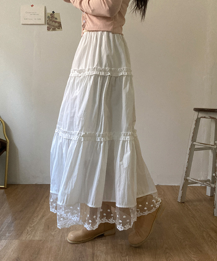 달리아 밑단 플라워 레이스 롱 캉캉 스커트 화이트