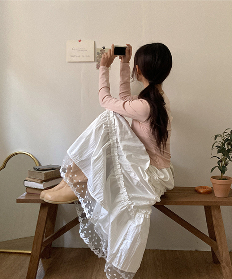 달리아 밑단 플라워 레이스 롱 캉캉 스커트 화이트