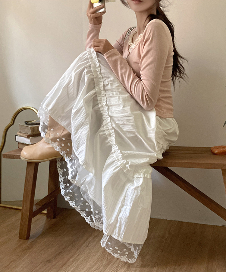 달리아 밑단 플라워 레이스 롱 캉캉 스커트 화이트