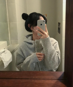 모루 후드 버튼 하이넥 니트 가디건 그레이