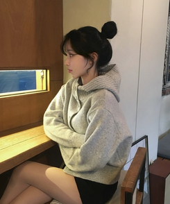 모루 후드 버튼 하이넥 니트 가디건 그레이