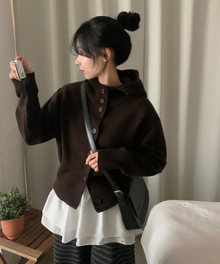 모루 후드 버튼 하이넥 니트 가디건 브라운