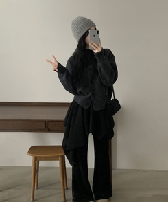 모루 후드 버튼 하이넥 니트 가디건 차콜