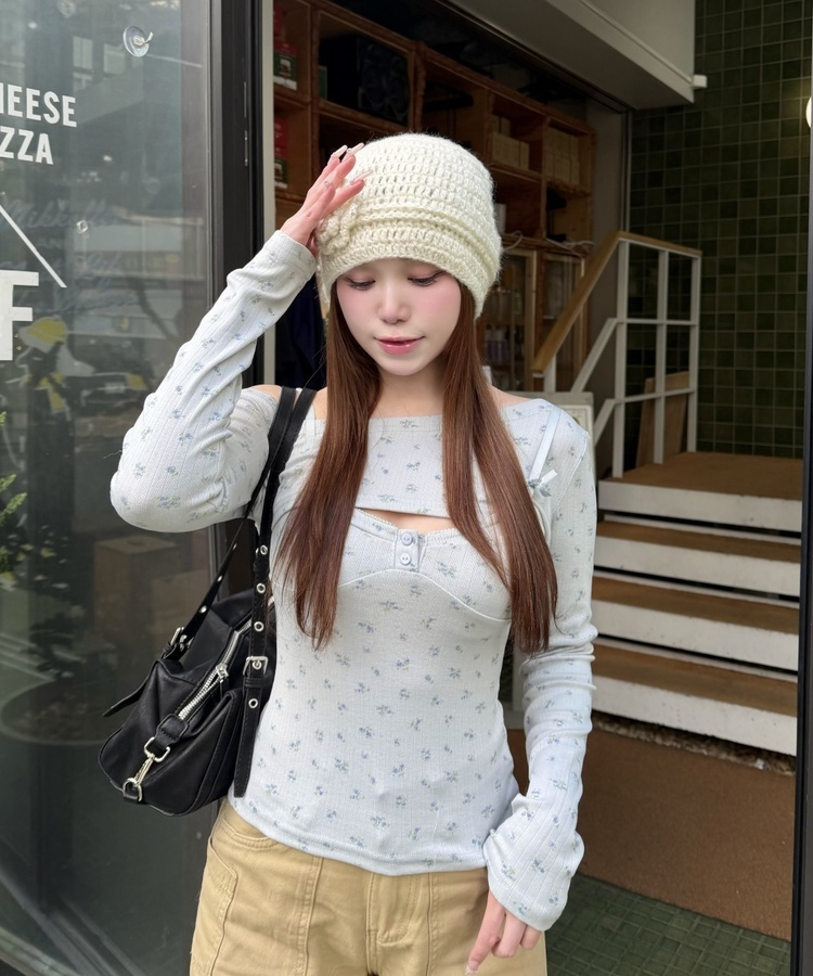 잔꽃 레이어드 긴팔티셔츠 그레이