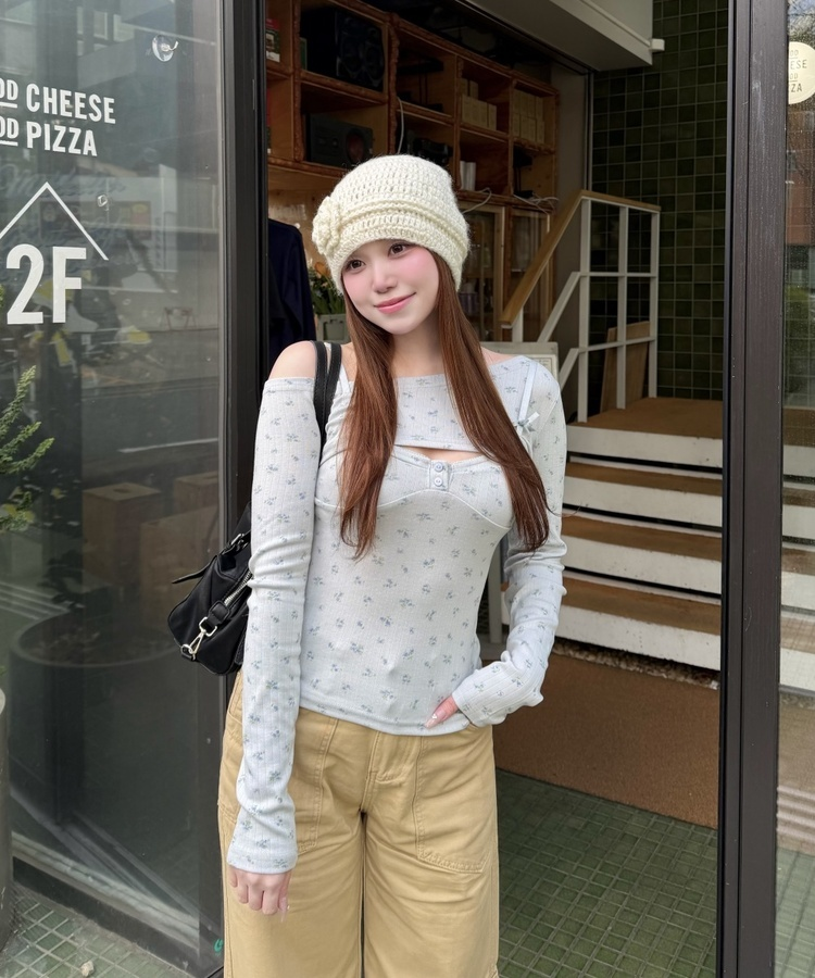 잔꽃 레이어드 긴팔티셔츠 그레이