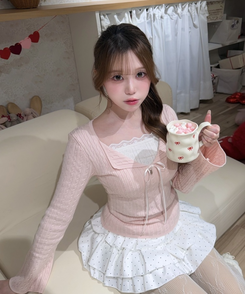 리본 꽈배기 레이어드 니트 핑크