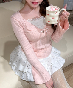 리본 꽈배기 레이어드 니트 핑크