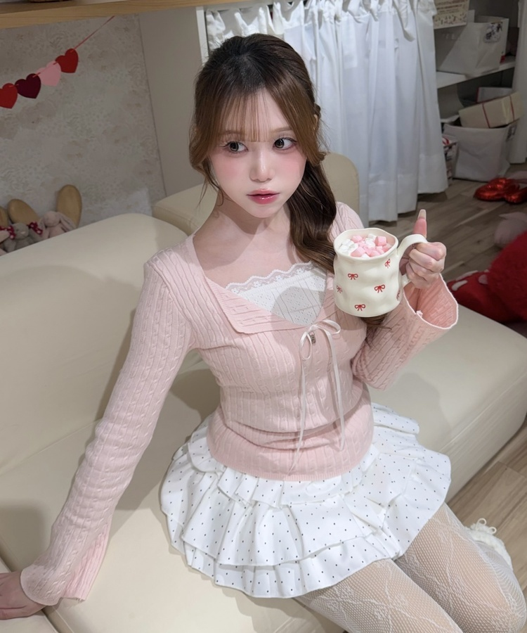 리본 꽈배기 레이어드 니트 핑크