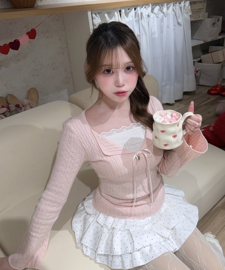 리본 꽈배기 레이어드 니트 핑크