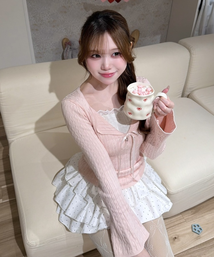 리본 꽈배기 레이어드 니트 핑크