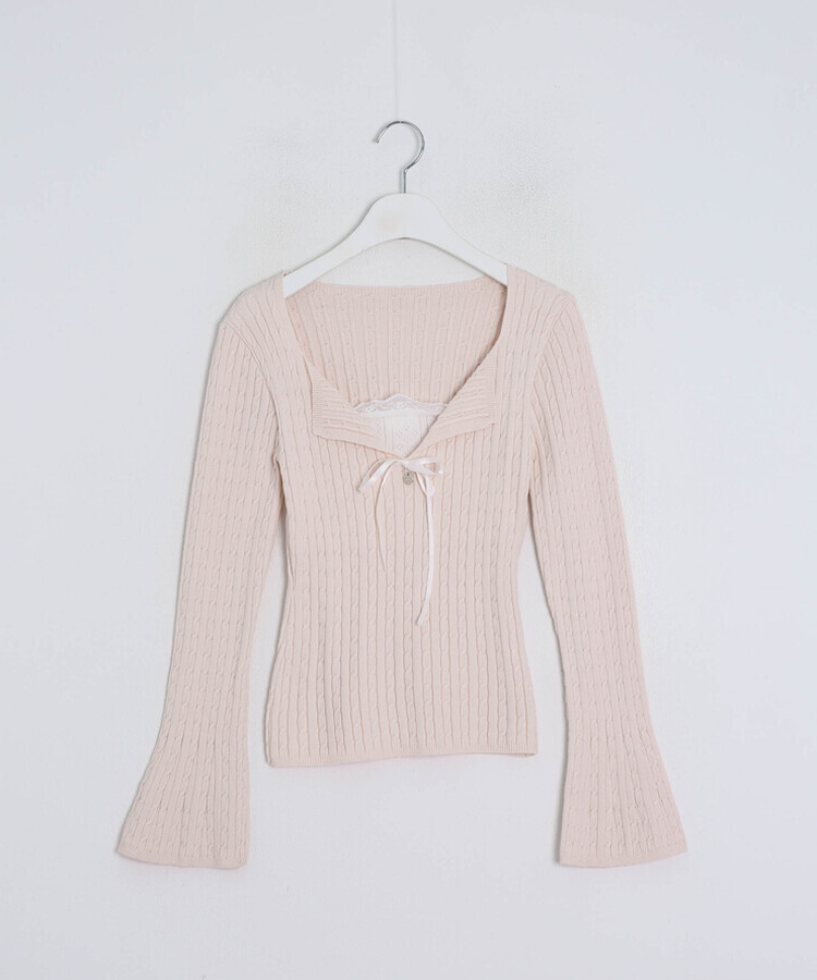 리본 꽈배기 레이어드 니트