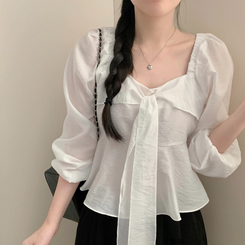 앤 리본 타이 스퀘어넥 긴팔 블라우스 하객룩 크롭 봄 봄옷 러블리 프릴 퍼프 벚꽃 아이보리