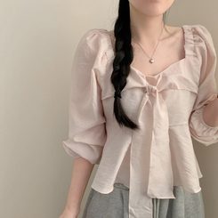 앤 리본 타이 스퀘어넥 긴팔 블라우스 하객룩 크롭 봄 봄옷 러블리 프릴 퍼프 벚꽃 핑크