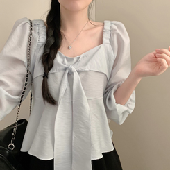 앤 리본 타이 스퀘어넥 긴팔 블라우스 하객룩 크롭 봄 봄옷 러블리 프릴 퍼프 벚꽃 소라