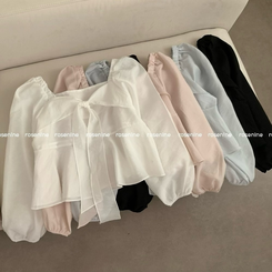 앤 리본 타이 스퀘어넥 긴팔 블라우스 하객룩 크롭 봄 봄옷 러블리 프릴 퍼프 벚꽃